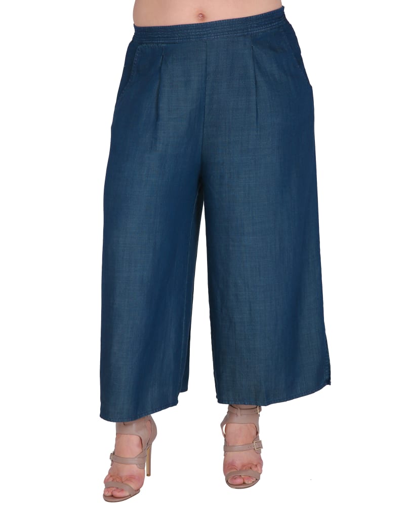 Front of a model wearing a size L Tayla Wide Leg Crop Palazzo Pants in Dirty Dog Blue by Standards & Practices. | dia_product_style_image_id:280871